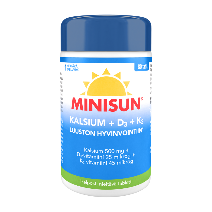 Minisun Luusto Kalsiun + K2 + D-vit. (500mg + 45mikrog + 25mikrog) 80 tabl bild 3